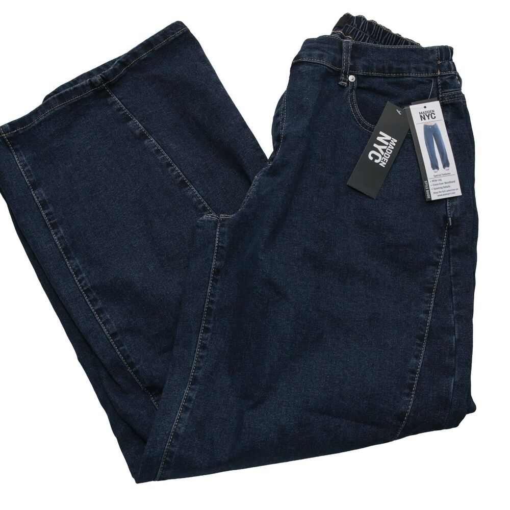 Madden NYC Women's Dark Wash Wide Leg Jeans Size L (12-14) Elastic Waist Stretch